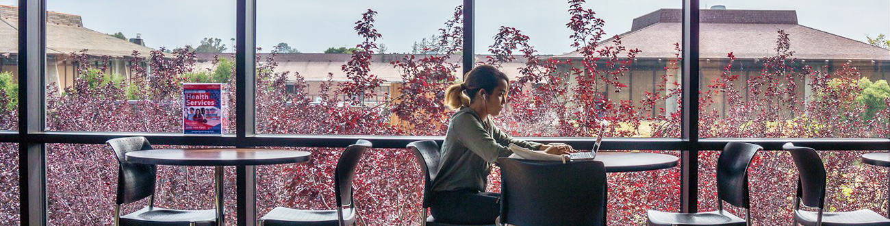 Female student sitting at table in dining hall