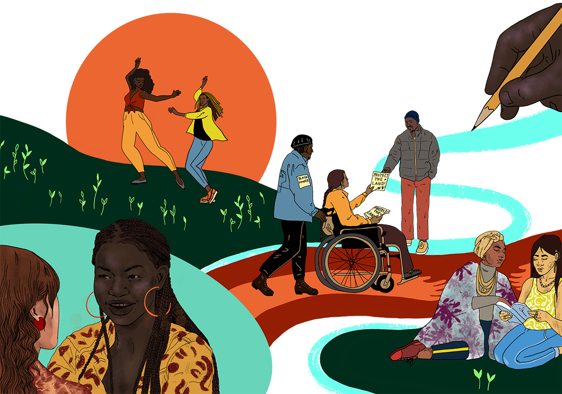 Illustration by Malaya Tuyay. It is a mural of a diverse group dancing, mentoring, helping, making a positive differrence in other peoples lives.
