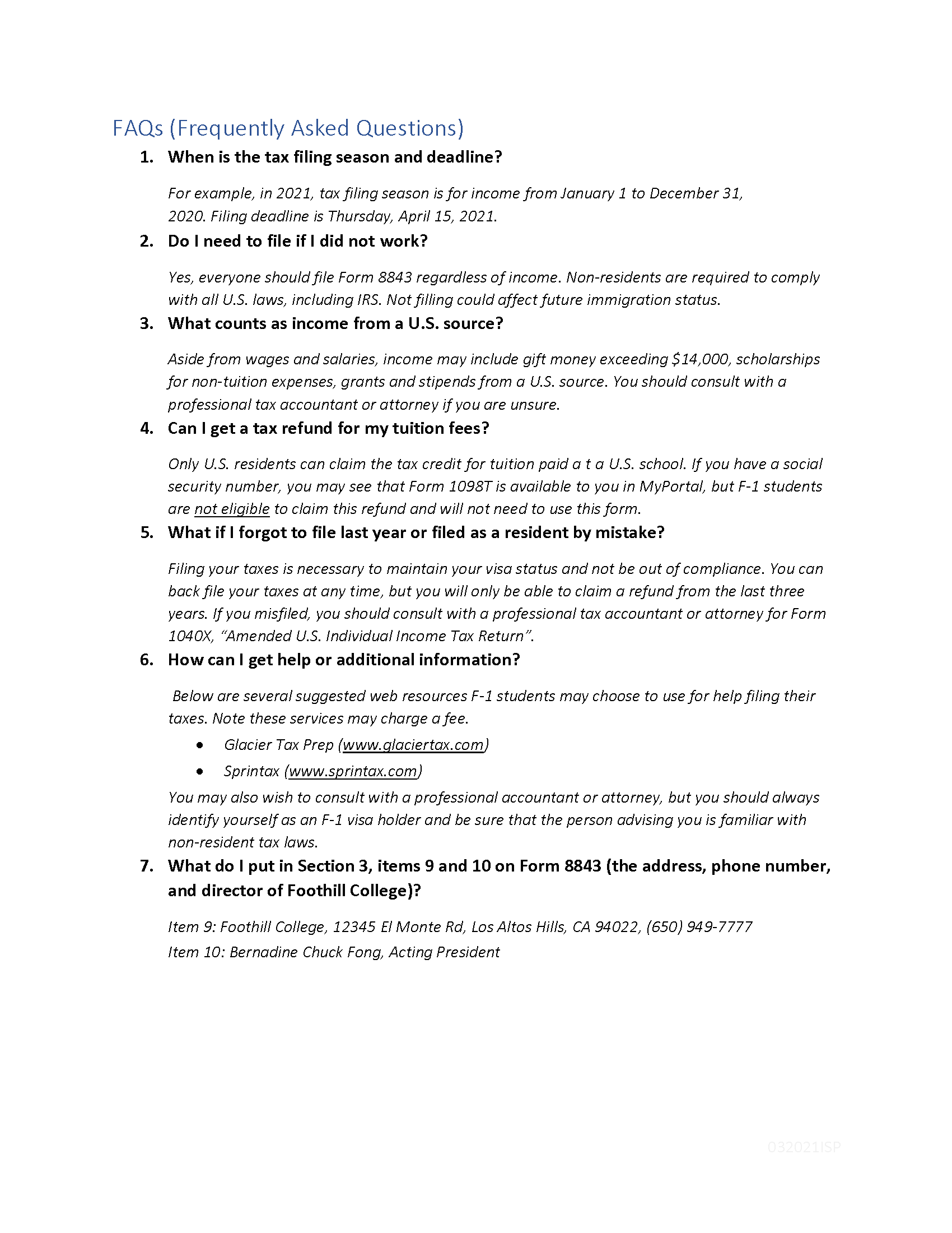 Foothill ISP Tax Quick Guide 2