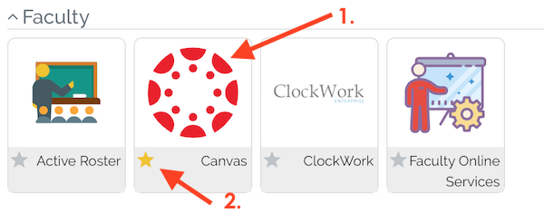 1. arrow pointing to Canvas icon, 2. arrow pointing to star