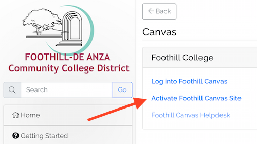 Arrow pointing to Activate Foothill Canvas Site