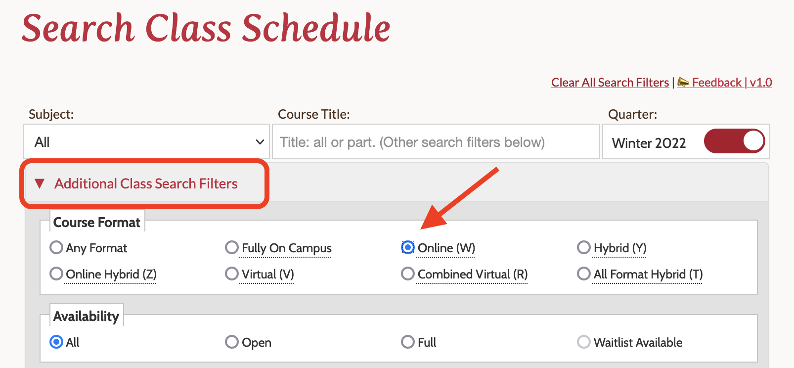 Additional Class Search Filters circled and arrow pointing to Oniline button.
