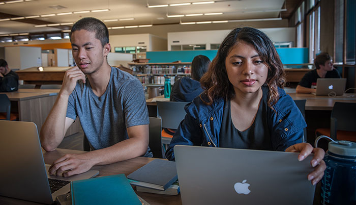 two students looking at computers