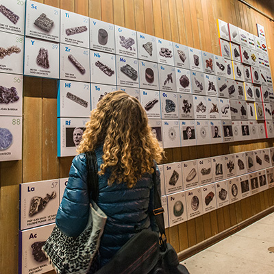 Female looking a periodic element wall
