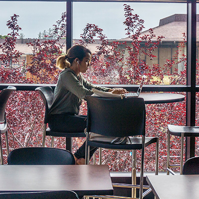 Female sitting at table near window